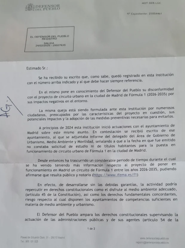 Respuesta del defensor del pueblo sobre el circuito de F1 de Madrid