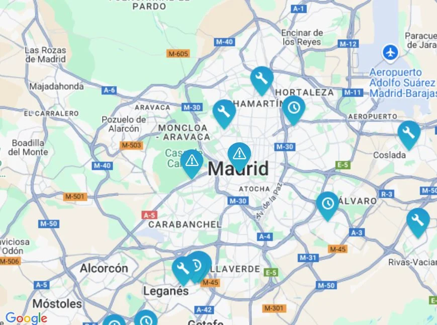 Mapa de cortes de agua e incidencias de suministro en Madrid