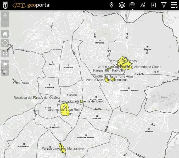 Captura del mapa interactivo sobre alertas de los parques de Madrid