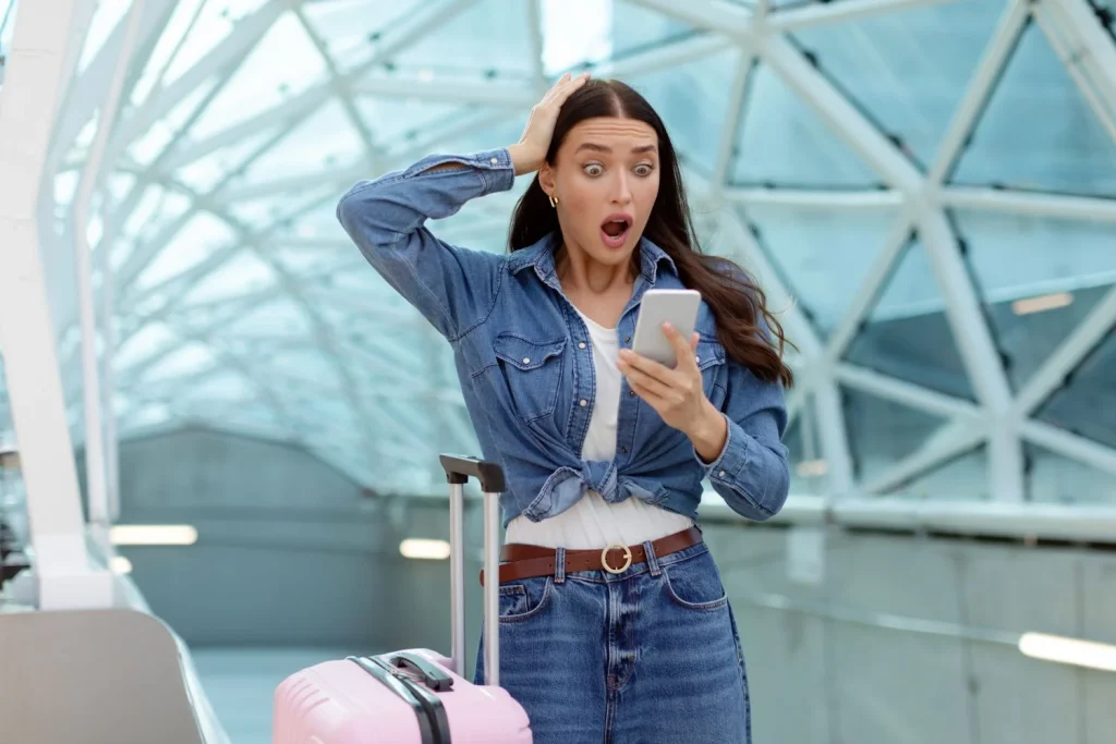 shocked lady tourist looking cellphone having problem being late flight train standing