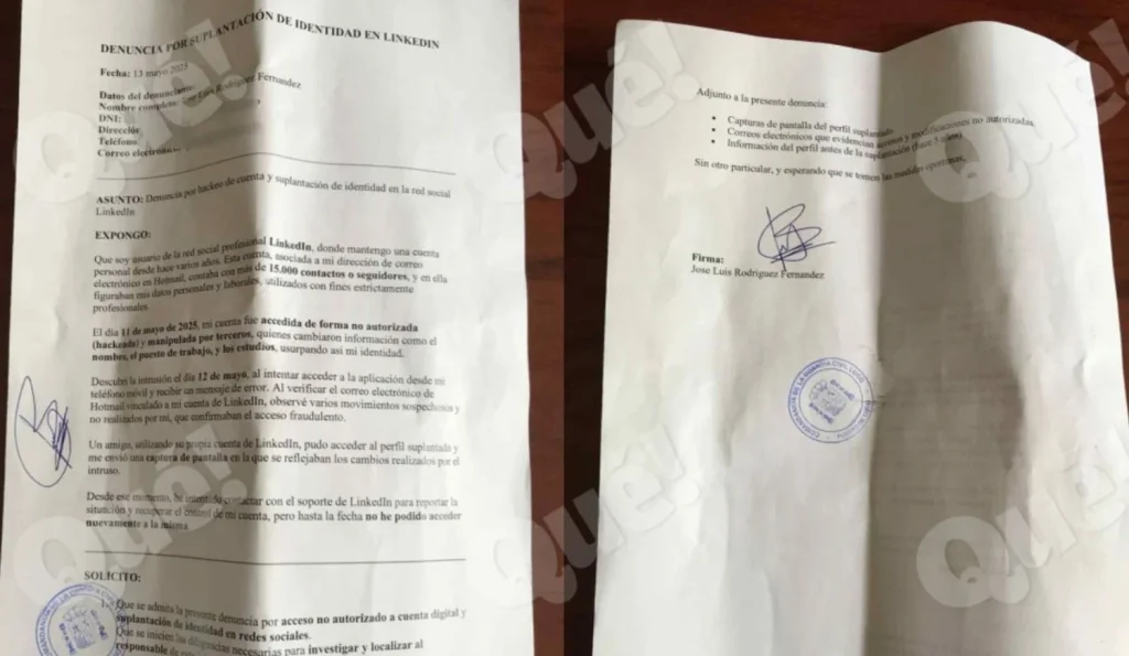 Denuncia de José Luis Rodríguez por el robo de su cuenta de LinkedIn