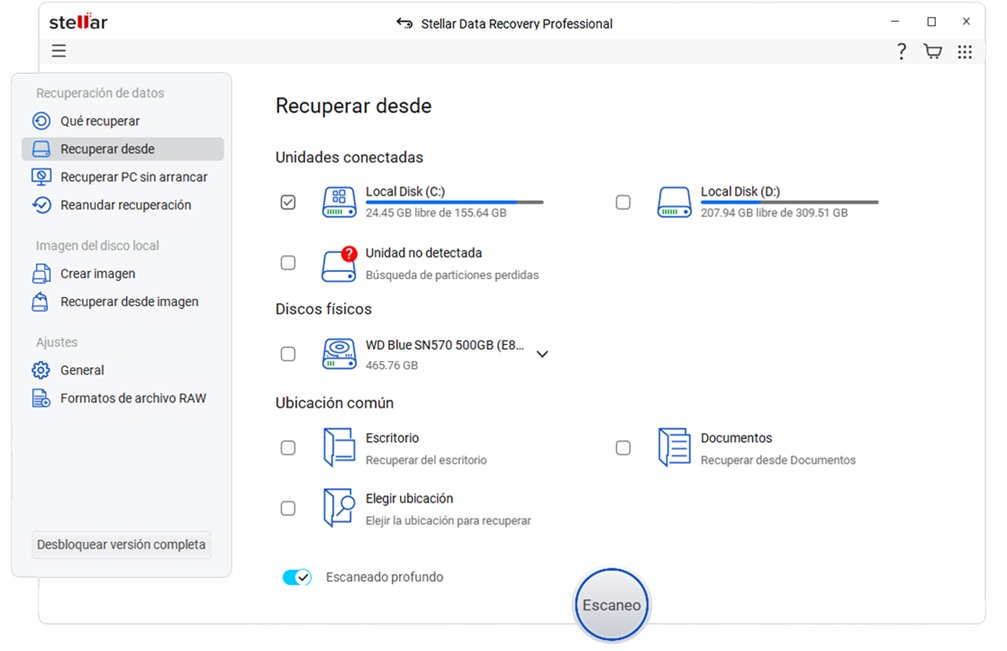 Recuperar archivos borrador Windows 10. Stellar Data Recovery Professional
