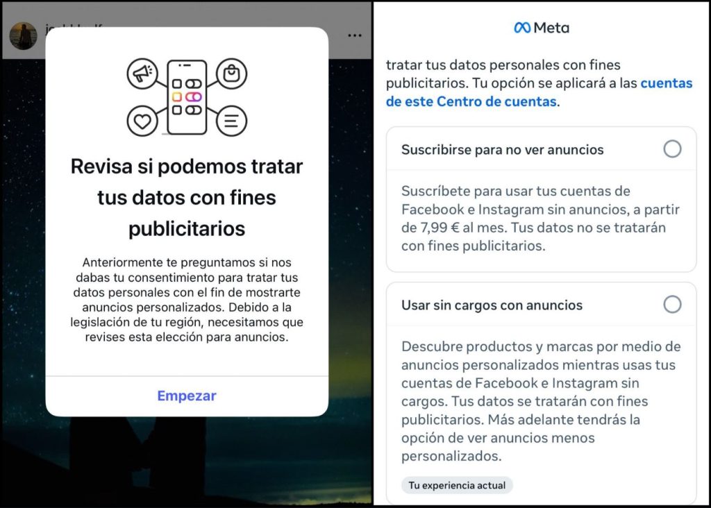 El mensaje que muestra Instagram para o pagar la suscripción o darles tus datos personales