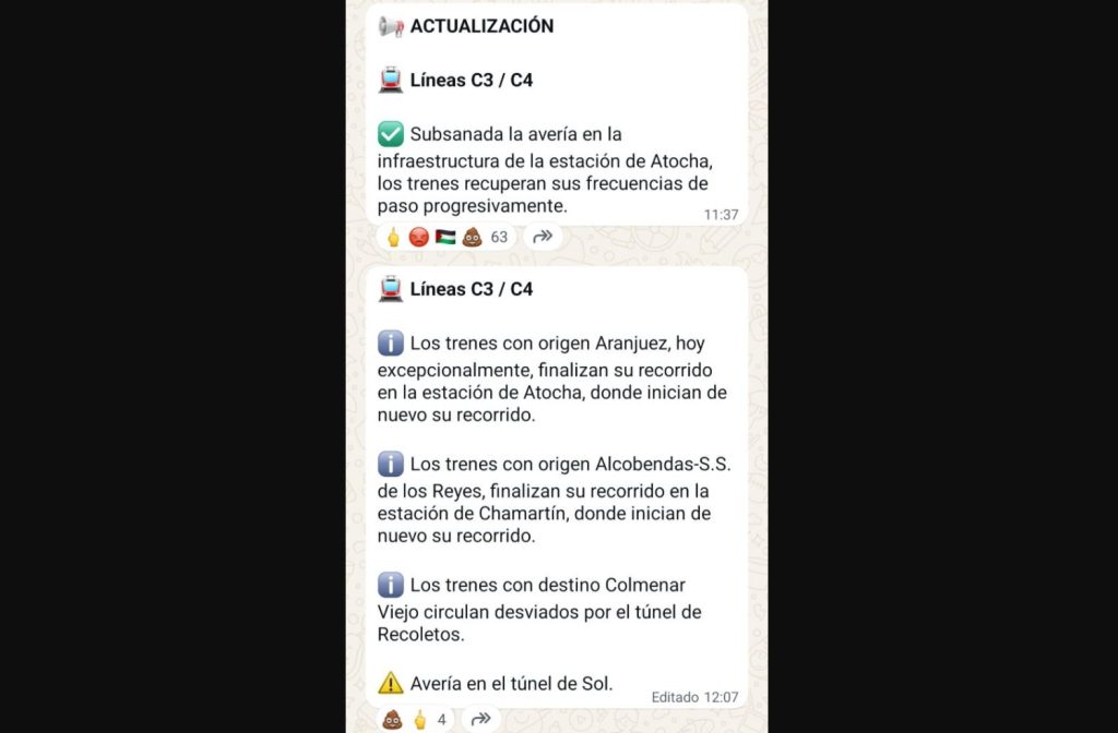 Mensajes del canal de WhatsApp oficial de Cercanías Madrid