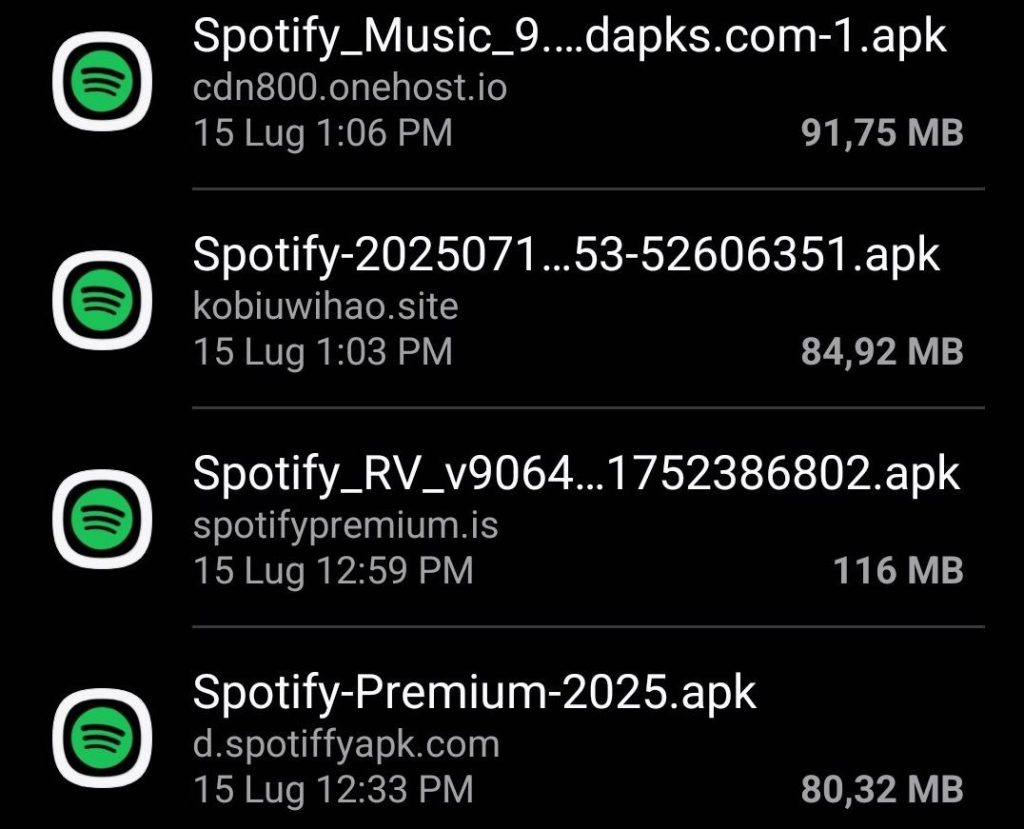 Diferentes archivos APK de Spotify pirata
