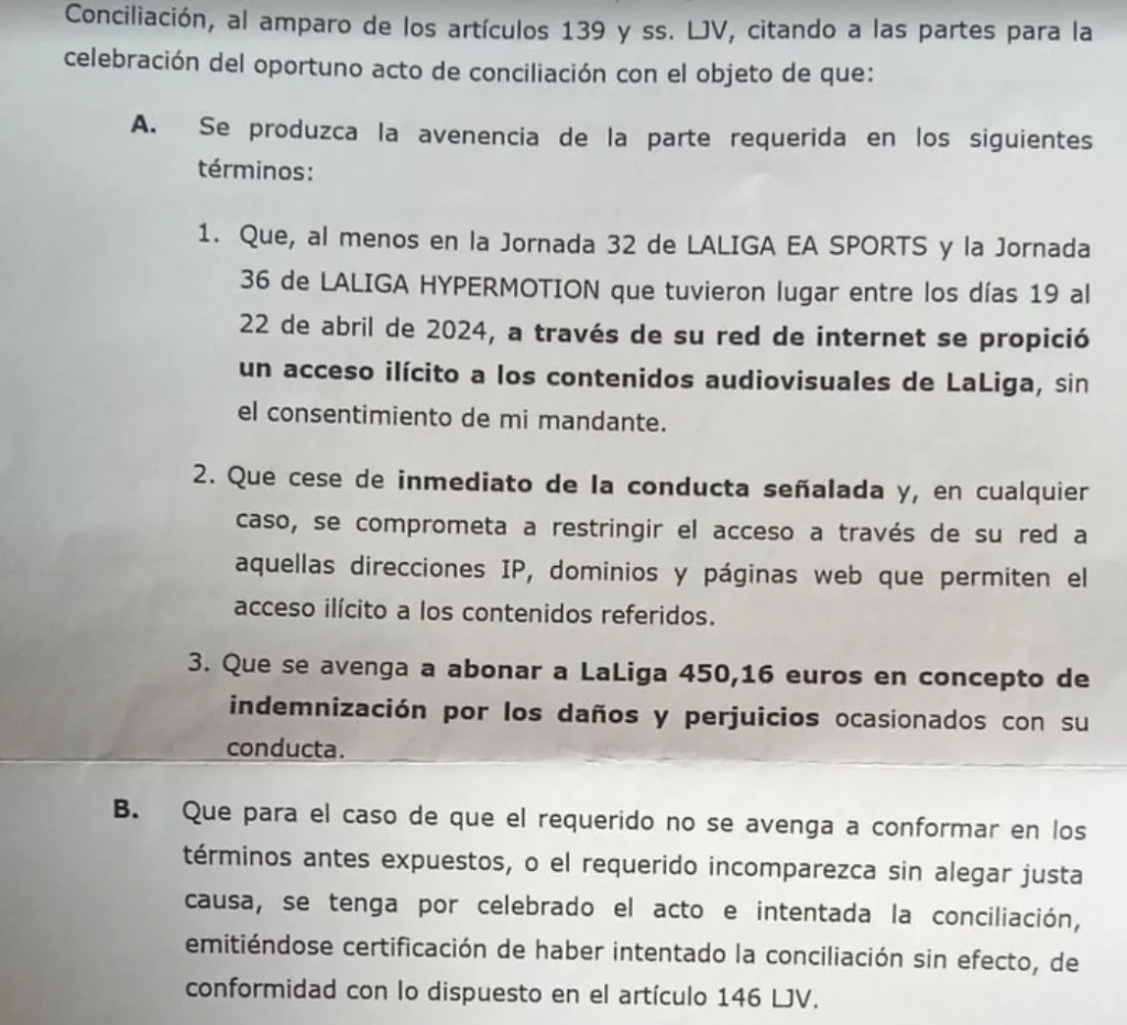 Extracto de una de las cartas que envía LaLiga a los usuarios por piratear