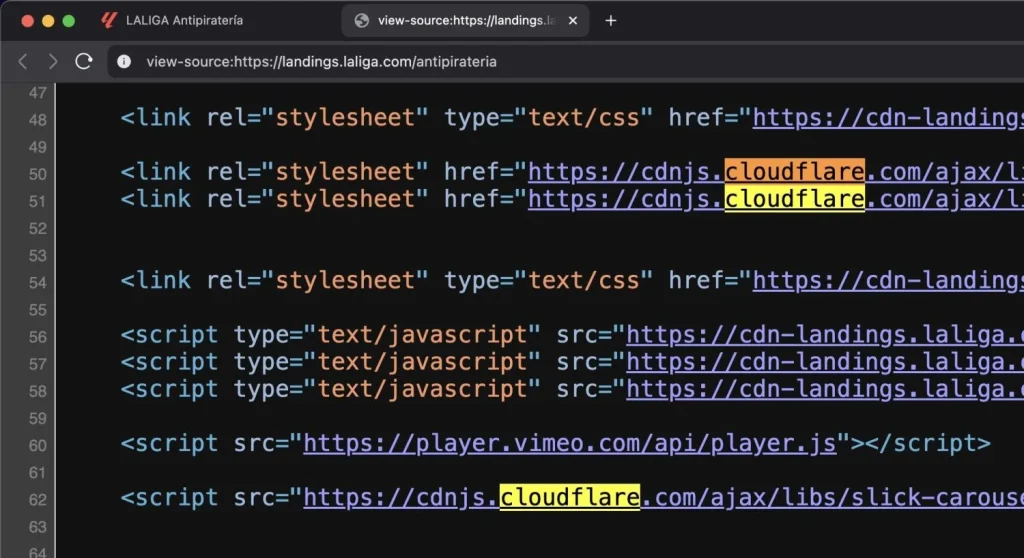 Confirmación de que la web de LaLiga usa Cloudfare