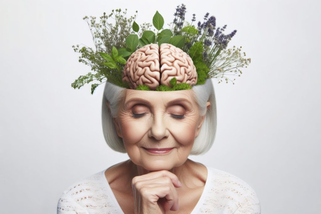mujer mayor con hierbas y cerebro en la cabeza con pensamientos saludables en un fondo blanco