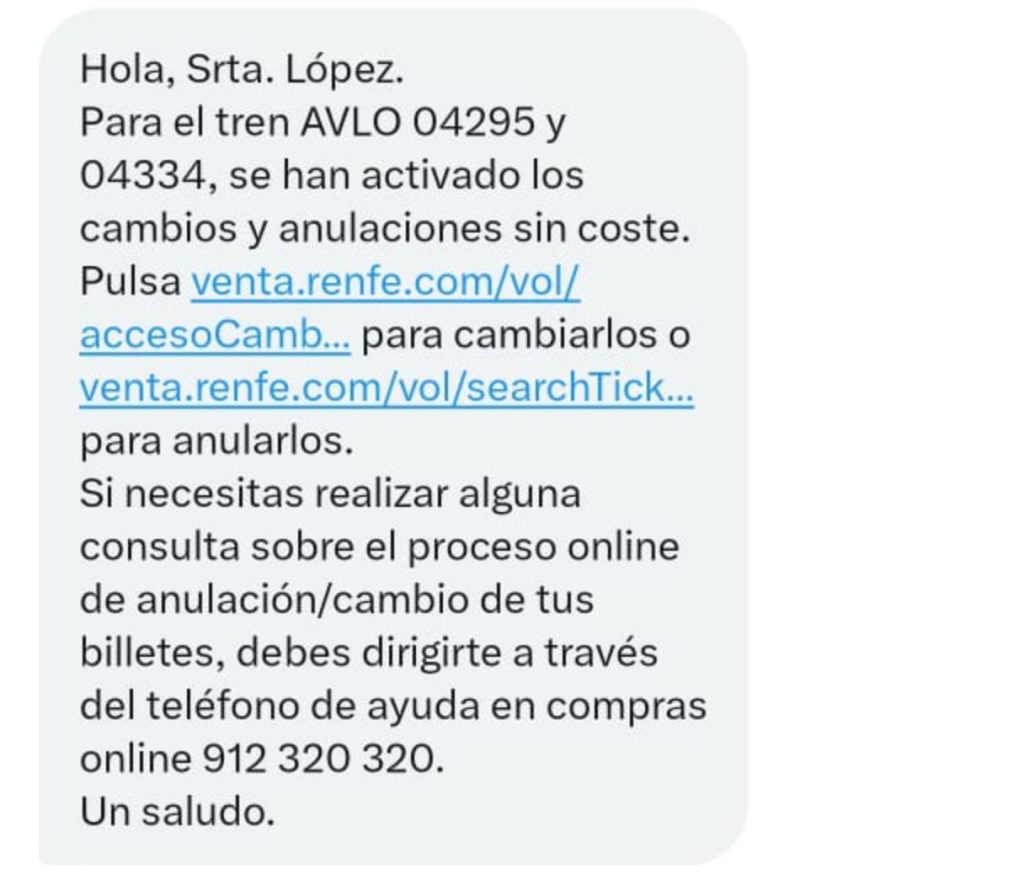 Otro mensaje en el que Renfe confirma que ha activado las devoluciones