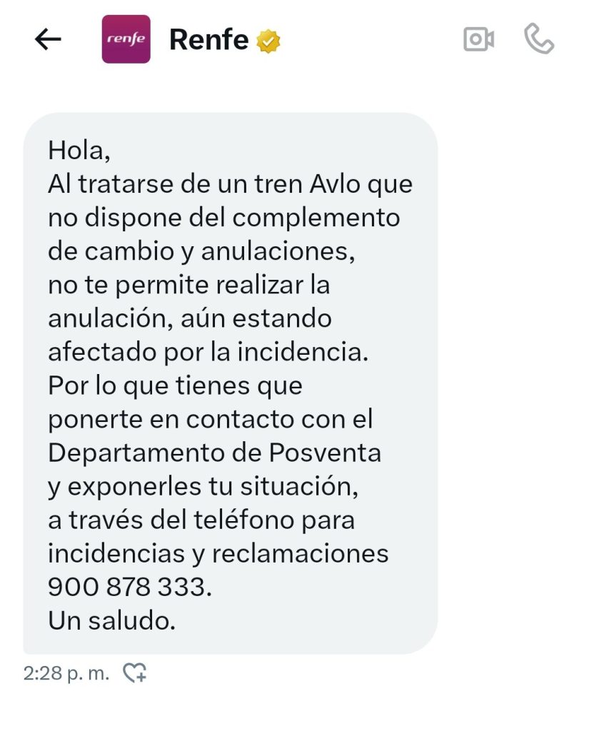 Uno de los mensajes  de Renfe por la consulta de cancelación de billetes por los incendios
