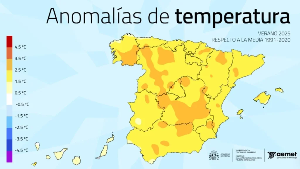 Mapa de España con las anomalías de temperatura del verano 2025 (AEMET)