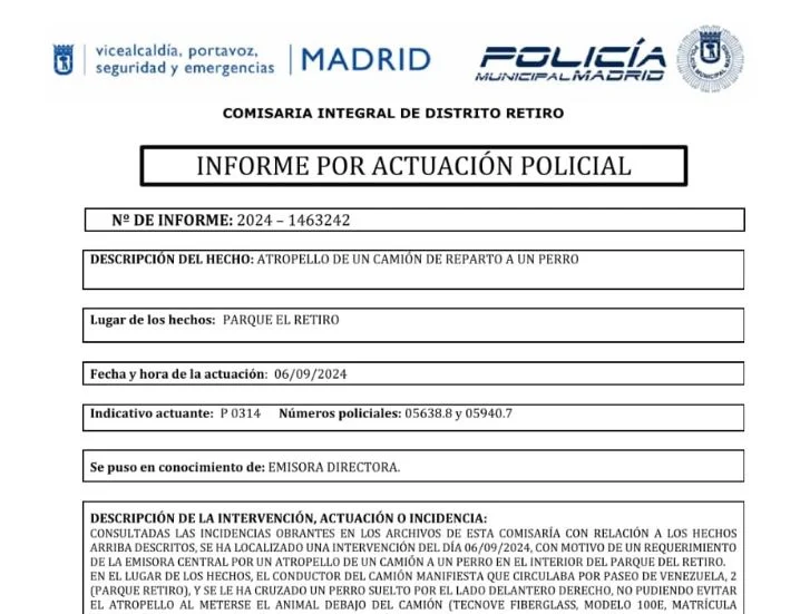 Un extracto del informe policial tras el atropello del perro Wisper en El Retiro