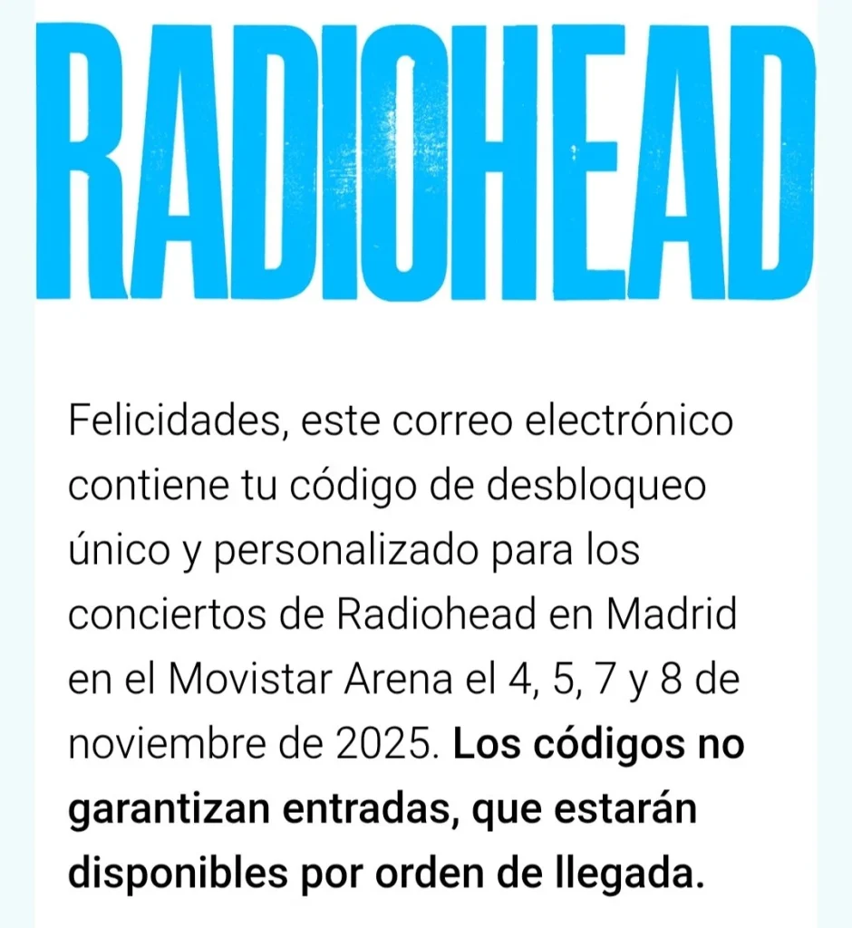 Correo de una persona que sí ha obtenido código para comprar entradas de Radiohead