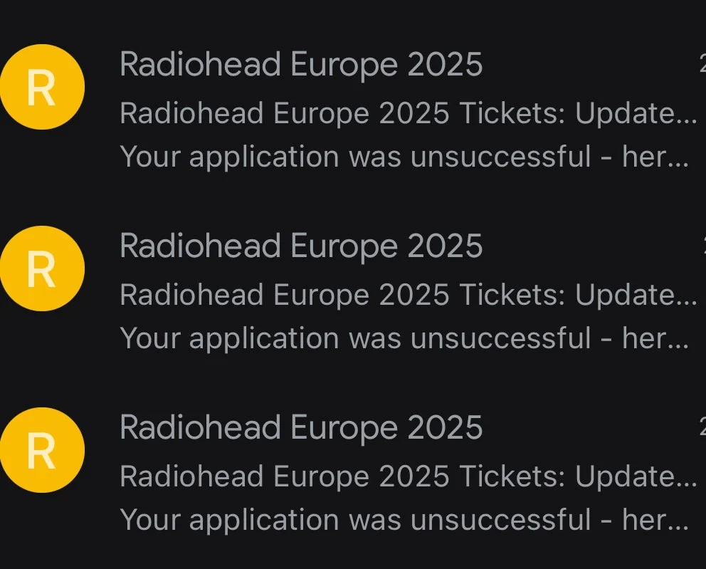 Correos de la promotora de Radiohead informando al usuario de que no ha sido seleccionado
