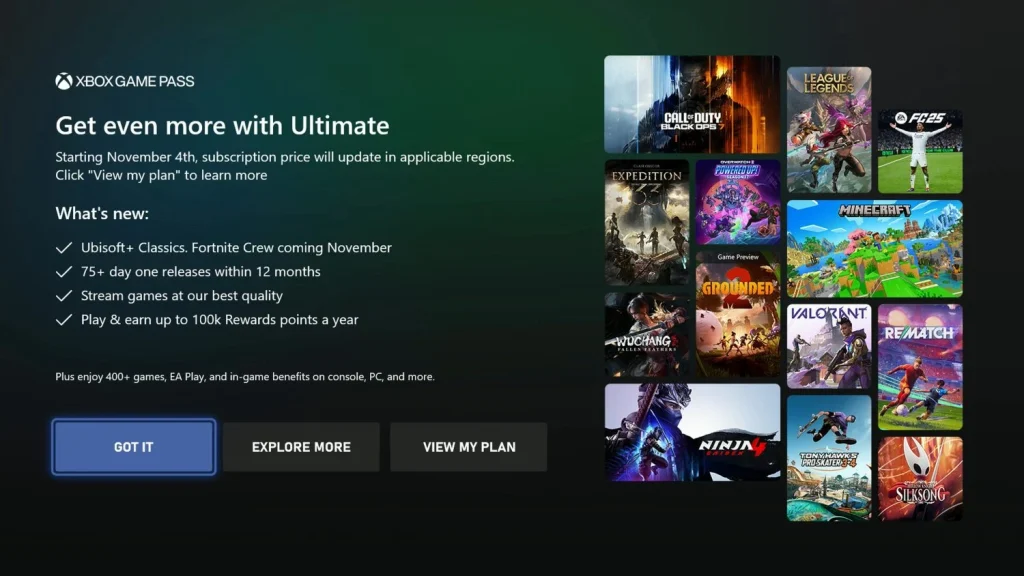 Anuncio de Game Pass a pantalla completa en las consolas Xbox Series justo después de la subida de precio