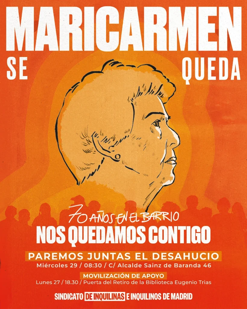 Cartel de convocatoria para detener el desahucio de Maricarmen en Retiro (Madrid)