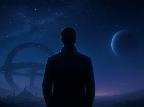 El ambicioso plan de Zuckerberg para que la humanidad conquiste las estrellas antes de 2045 Hombre observa futura colonia espacial al amanecer”