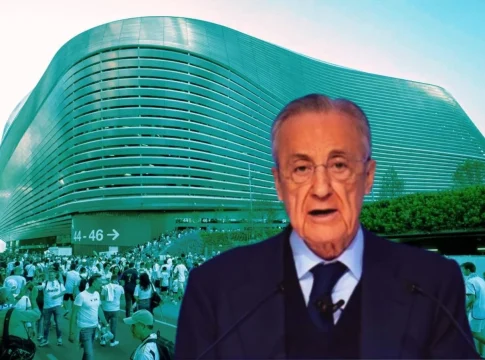 Florentino Pérez y el estadio Santiago Bernabéu detrás Florentino Pérez y el estadio Santiago Bernabéu (Real Madrid)
