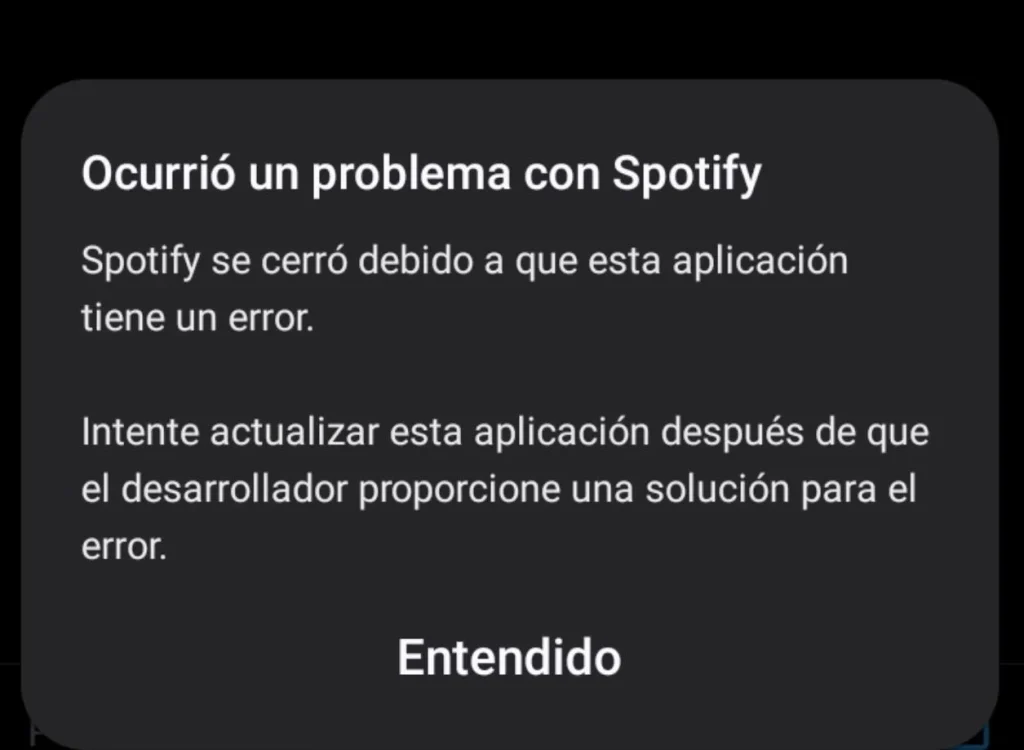 Uno de los varios mensajes de error de Spotify que conllevaban el cierre forzado de la aplicación