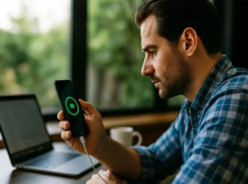 Nunca más sin carga: la clave para ahorrar batería en tu móvil mientras trabajas movil bateria verde ahorro energia oficina moderna