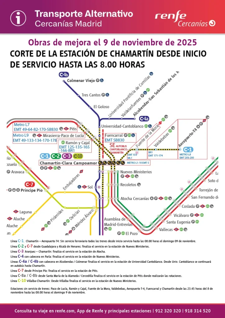 Cartel informativo sobre las obras del 9 de noviembre en la estación de Chamartín