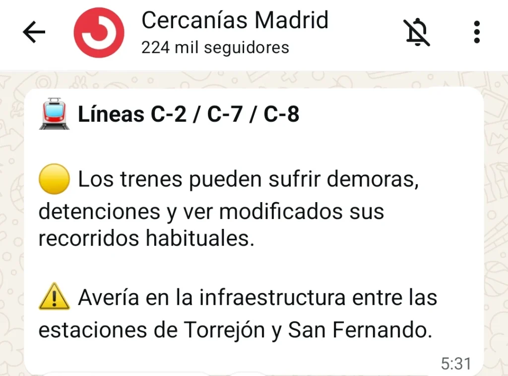 Aviso de incidencia en el canal de WhatsApp de Cercanías Madrid