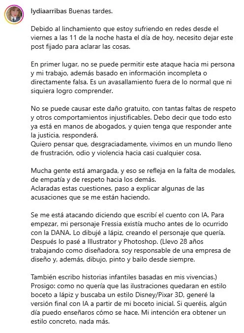 Comunicado de la autora del libro, Lydia Arribas, en sus redes sociales