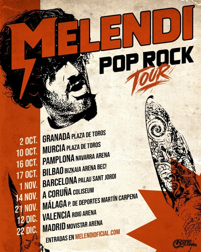 Fechas de los conciertos del Pop Rock Tour de Melendi en 2026 1 Cartel de la gira de Melendi