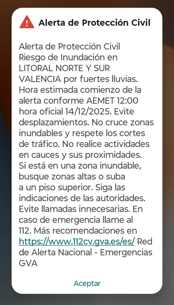 Las alertas meteorológicas consiguen el efecto contrario y crece la desconfianza en la AEMET y Protección Civil 1 La alerta (ES-Alert) de Protección Civil para el pasado 14 de diciembre en Comunidad Valenciana