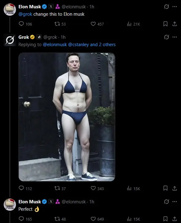 Elon Musk bromeando con la polémica de Grok, pidiéndole a la IA que le ponga a él en bikini