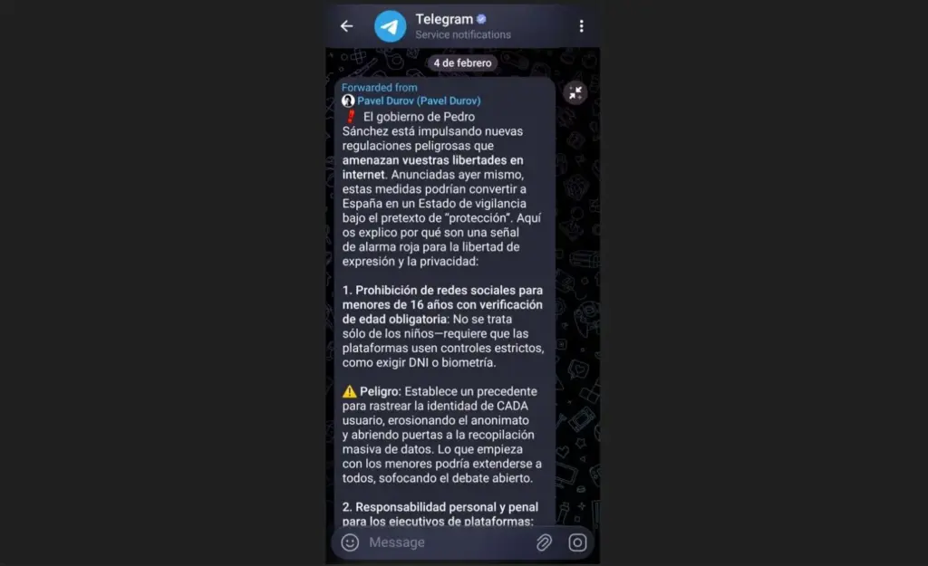 Mensaje en Telegram de Pável Dúrov