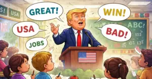 Representación de Donald Trump, presidente de Estados Unidos, dando un discurso a unos niños