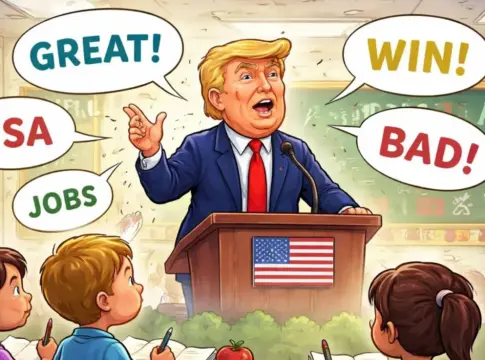 Trump discursos primaria Representación de Donald Trump, presidente de Estados Unidos, dando un discurso a unos niños
