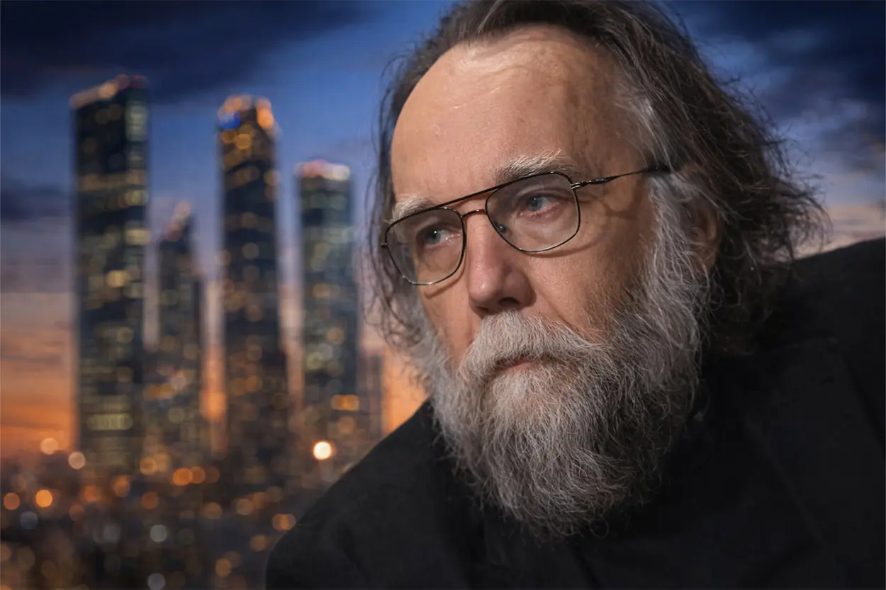 Aleksandr Dugin filosofo serio con fondo urbano
