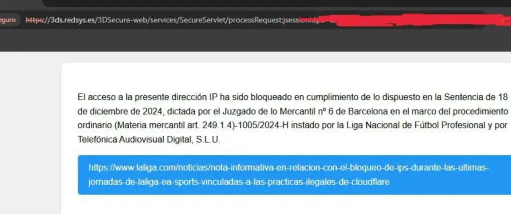 Mensaje del bloqueo de Redsys de LaLiga en 2025