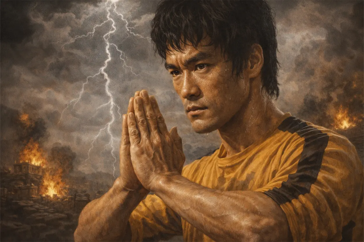 Bruce Lee rezando con determinación