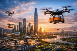 ciudad del futuro con drones sobre shenzhen moderna