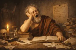 Demócrito filósofo griego procrastinando escritorio