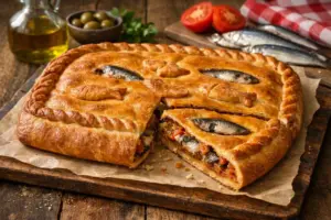 Empanada gallega de xoubas: por qué el aceite del sofrito es el alma de la masa crujiente.