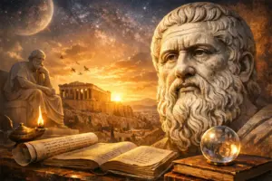 platon filosofo retrato clasico iluminado al atardecer