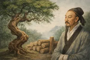 Zhuangzi observa árbol torcido vivo