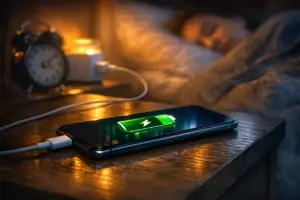 Cargar el móvil de noche en mesilla iluminada