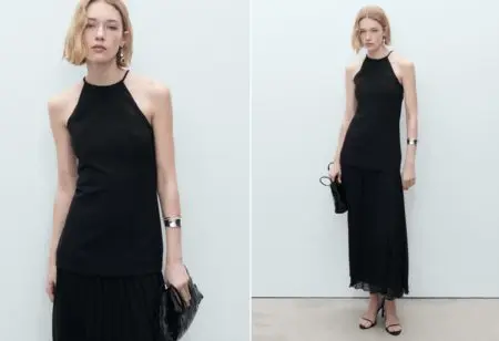 La sobriedad versátil del diseño evasé negro de Mango