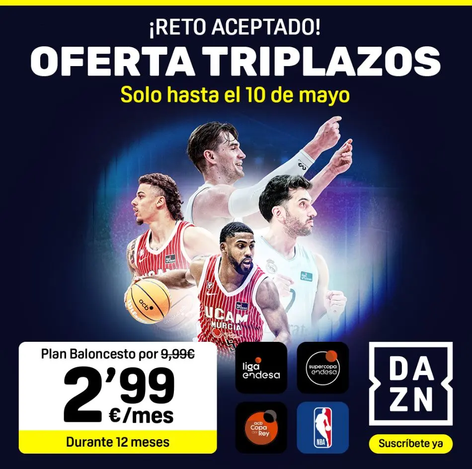 Los patinazos de DAZN antes del Mundial: "Es el peor trato en una plataforma" 1 Cartel promocional de DAZN con su oferta del Plan Baloncesto a 2,99 euros
