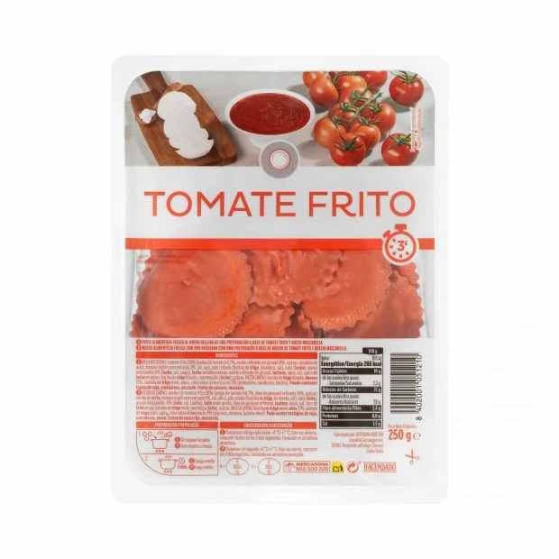 La nueva pasta fresca de Mercadona con tomate y mozzarella que arrasa (y cuesta menos de 2 €) 1 Pasta fresca girasoles rellena de tomate frito y queso mozarella Hacendado