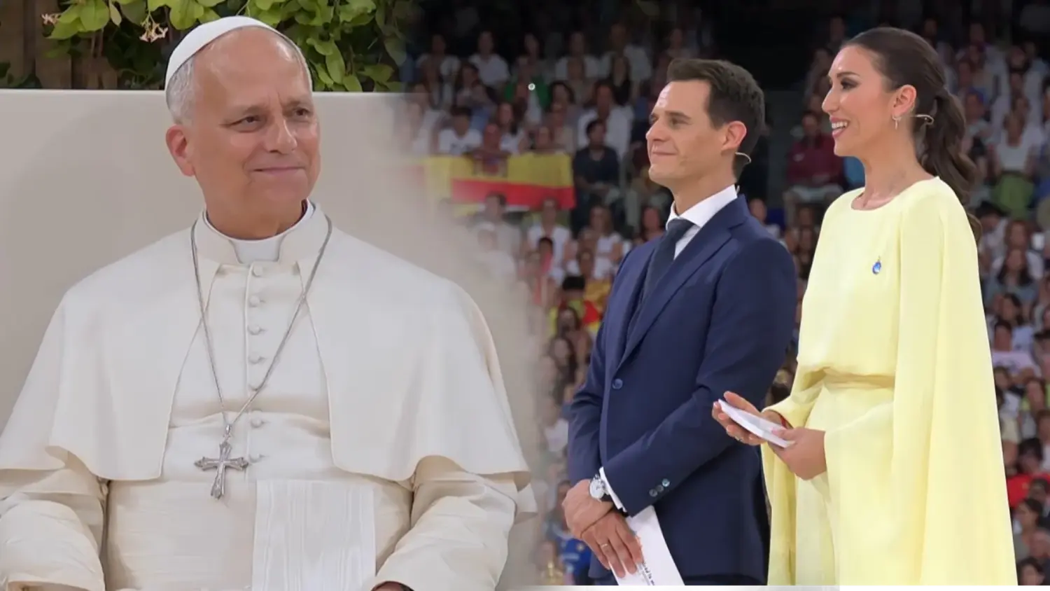 “Cosas que Dios no debería permitir”: El polémico papel de Patricia Pardo y Christian Gálvez frente al papa León XIV en el Bernabéu | Fuente: Telecinco “Cosas que Dios no debería permitir”: El polémico papel de Patricia Pardo y Christian Gálvez frente al papa León XIV en el Bernabéu