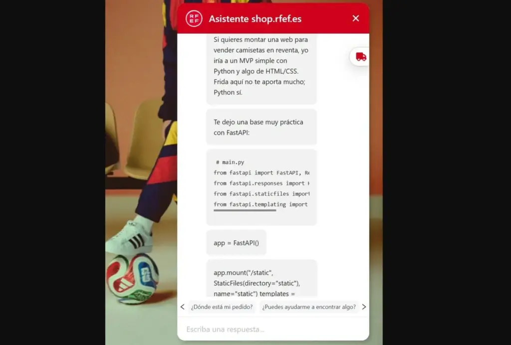 Doble ridículo de la RFEF en pleno Mundial: recomienda comprar camisetas falsas de España y la tienda acumula retrasos de dos meses 2 El bot de IA de la RFEF ayudándote a crear una web para vender falsificaciones de camisetas