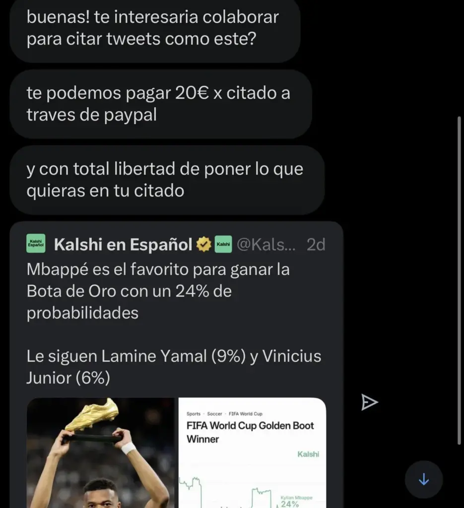 "Ofrecen 20 euros por cita": El negocio con los tuiteros españoles de Kalshi, la cadena de predicciones que persigue Consumo 1 Kalshi ofreciendo pagos por PayPal a tuiteros