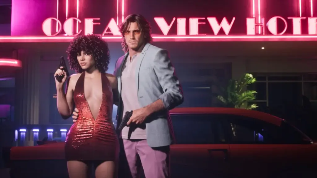 Los protagonistas de GTA VI con atuendos ochenteros
