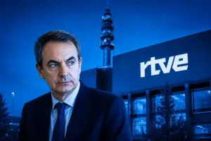 El expresidente del Gobierno José Luis Rodríguez Zapatero y el logo de RTVE detrás